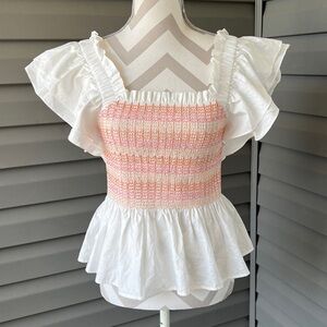 Maria Oliver Ruffled Smocked Top White Sz S